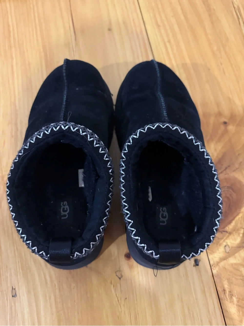 UGG Black Suede Slip-On Cozy Slippers with Contrast Stitching (platform style)